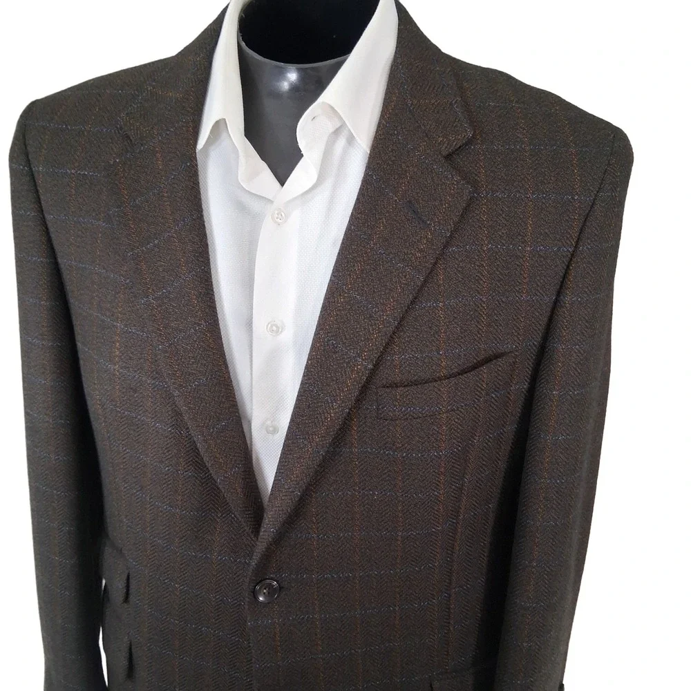 Barry Bricken Blazer Men 42R Brown Herringbone Windowpane Sport Coat Double Vent